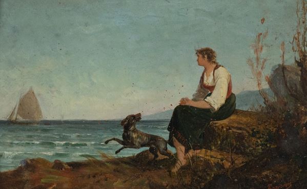 Nicola Torricini : Marina con figura e cane  (1887)  - Olio su tavola - Asta Asta di Arte Moderna e Contemporanea '800 e '900	 - Fabiani Arte