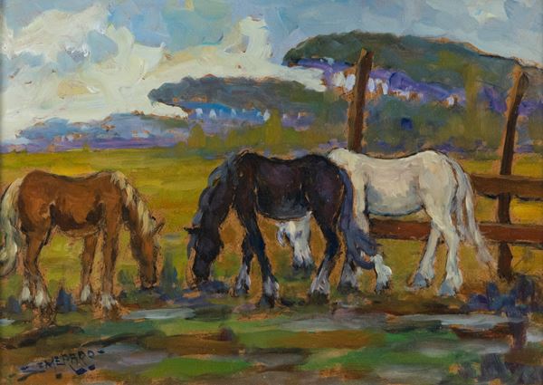 Piero Semeraro : Cavalli in pastura  (1976)  - Olio su faesite - Asta Asta di Arte Moderna e Contemporanea '800 e '900	 - Fabiani Arte
