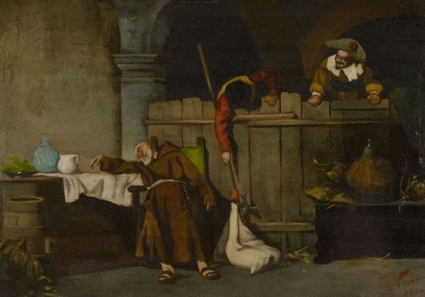 Vinea Francesco (Attribuito) : In cantina  (1880)  - Olio su tavola - Asta Arte Moderna e Contemporanea, '800 e'900 - Fabiani Arte
