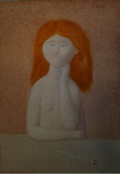 Ragazza al Tavolo Nuda con Pipa