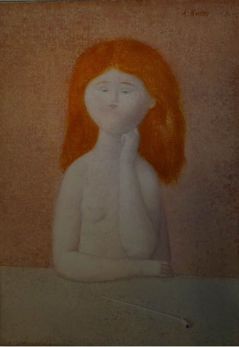 Antonio Bueno - Ragazza al Tavolo Nuda con Pipa