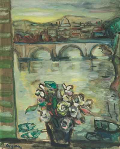 Vaso di Fiori su Balcone con Vista su Ponte Sisto