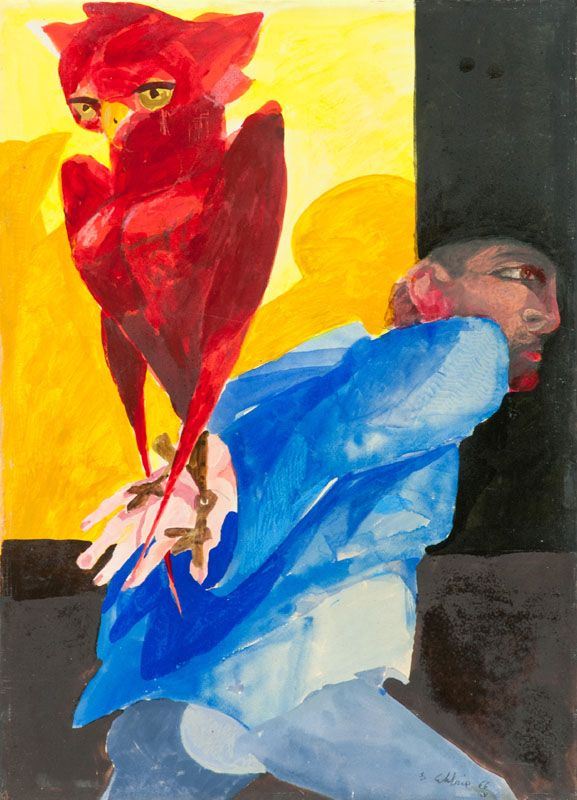 Ennio Calabria : Uomo con pappagallo  (1966)  - Tecnica mista su carta applicata su tela - Asta Arte Moderna e Contemporanea, '800 e'900 - Fabiani Arte
