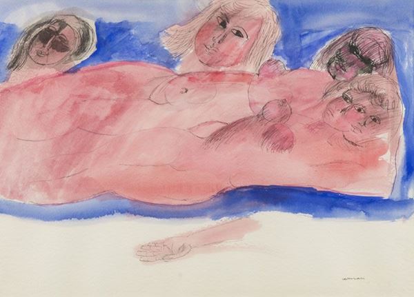 Bruno Cassinari : Sulla spiaggia  (1985)  - Tecnica mista su carta - Asta Arte Moderna e Contemporanea, '800 - '900 e Grafica Internazionale - Fabiani Arte