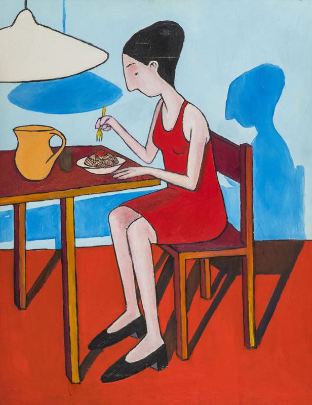 Giacomo Piussi - Donna che Mangia Spaghetti con Brocca e e Lampada