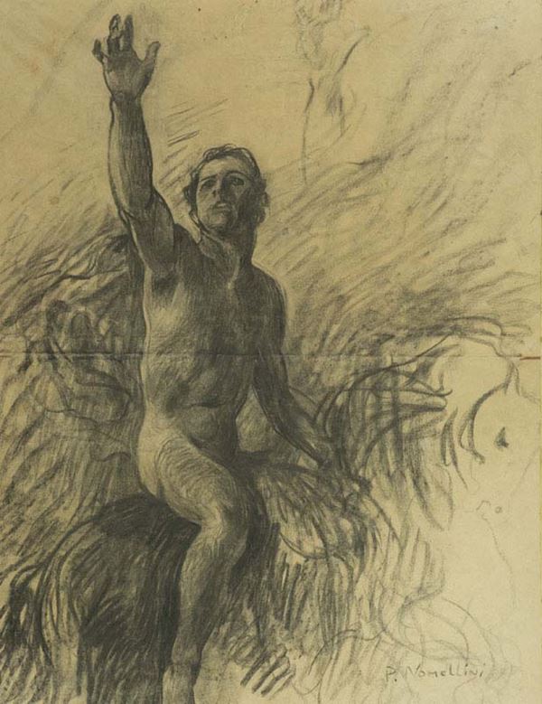Plinio Nomellini : Giovane a cavallo  (1903 c.a.)  - Carboncino su carta - Asta Arte Moderna e Contemporanea, '800 e'900	 - Fabiani Arte