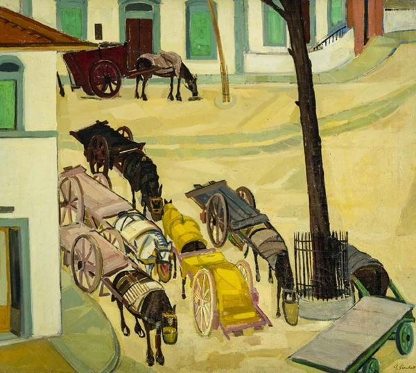 Giulio Cesare Giachetti : Cavalli a riposo  - Olio su tela - Asta Asta di Arte Moderna e Contemporanea - Fabiani Arte
