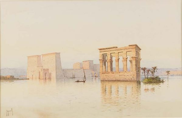 Spyridon Scarvelli : Porta di Tolomeo III a Karnak  - Acquerello su cartoncino - Asta Arte Moderna e Contemporanea, '800 e'900	 - Fabiani Arte