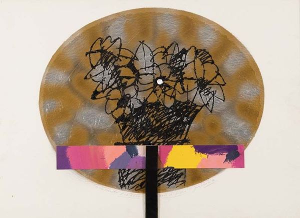 Concetto Pozzati : A che punto siamo con i fiori  (1992)  - Tecnica mista e collage su cartoncino - Asta Arte Moderna e Contemporanea - Fabiani Arte