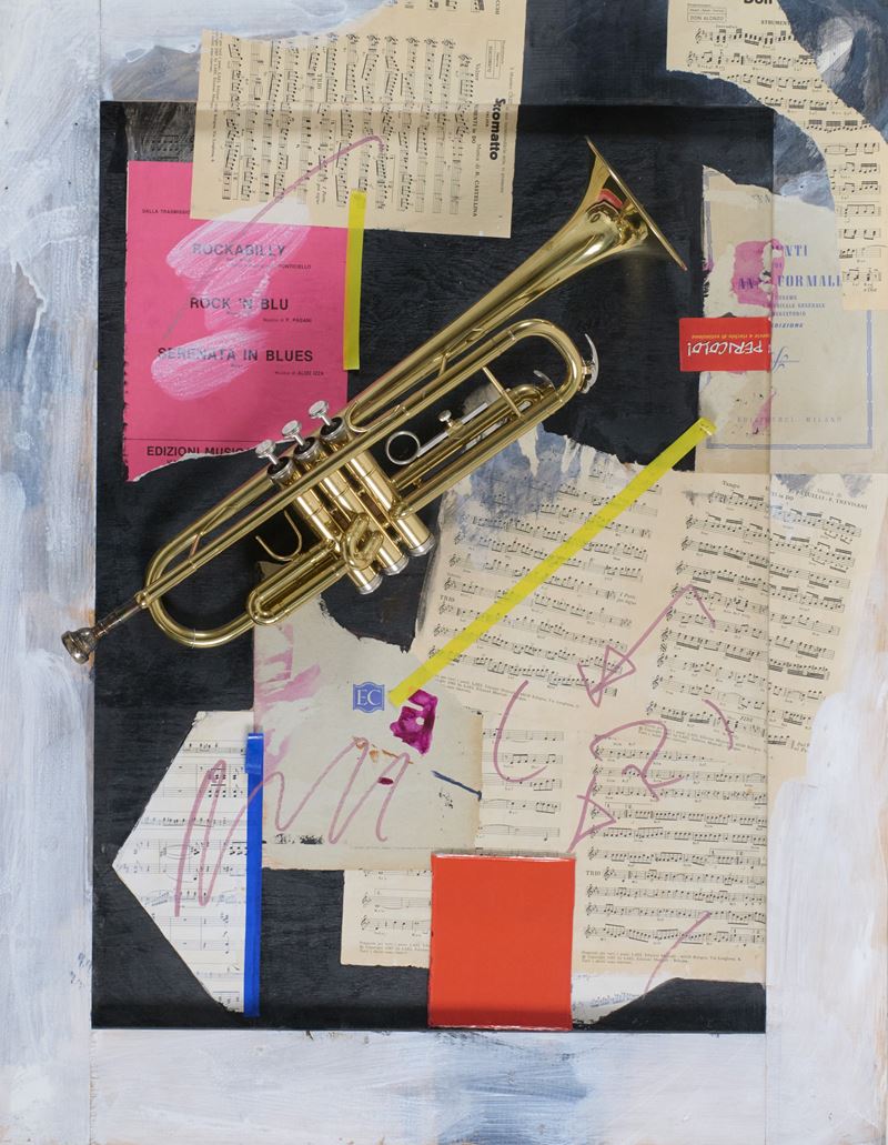 Giuseppe Chiari - Tromba (assemblaggio e tecnica mista su tavola entro teca di plexiglas)