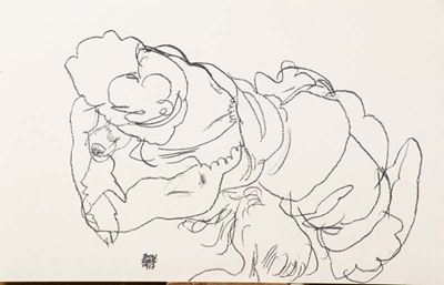 Edith Schiele con il cane Lord - Litografia su cartoncino, 1917