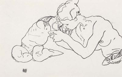 Zwei sich kussende Madchen, Litografia su cartoncino, 1918