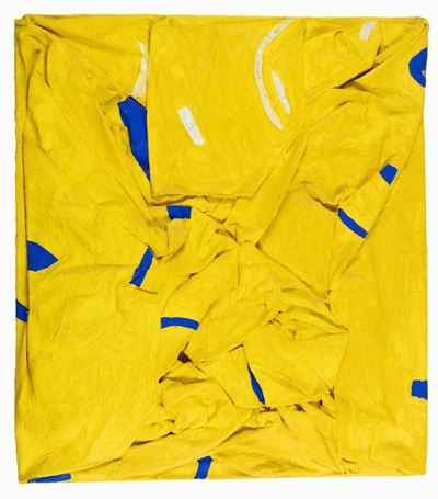 Grande Dipinto Piegato Giallo con Segni Blu
