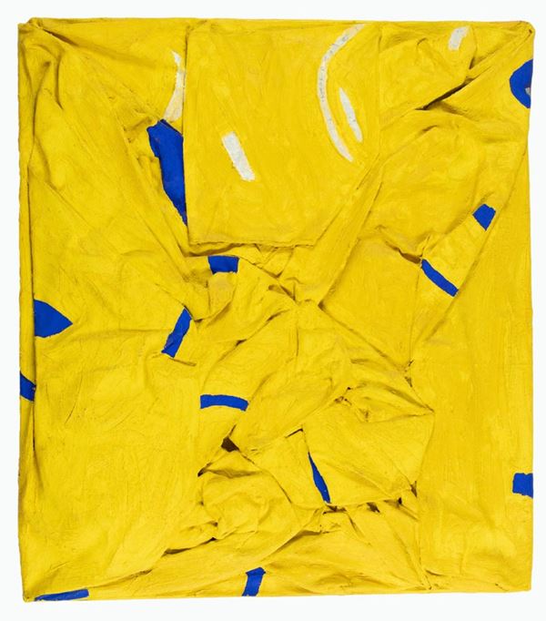 Cesare Berlingeri - Grande dipinto piegato giallo con segni blu