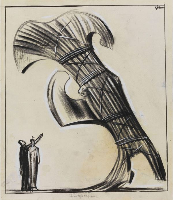 Mario Sironi : Identificazione  (1926)  - Tecnica mista e collage su carta - Asta Arte Moderna e Contemporanea , '800 e '900 - Fabiani Arte