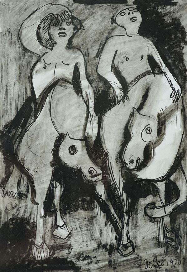 Giuseppe De Feo : Cavalli e cavalieri  (1970)  - China acquerellata su carta - Asta Arte Moderna e Contemporanea - Fabiani Arte