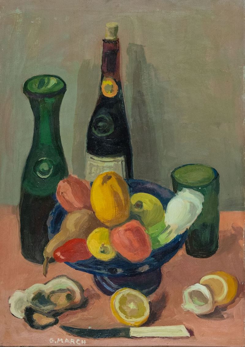 Giovanni March - Fruttiera Azzurra, Bottiglie e Frutti di Mare