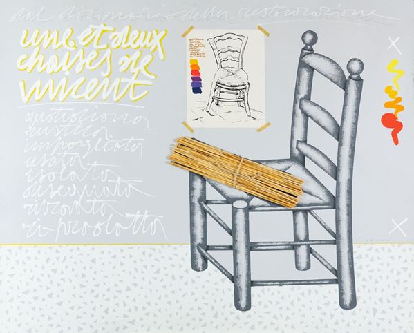Concetto Pozzati : Dal dizionario della restaurazione  - Serigrafia polimaterica con applicazione su cartoncino - Asta Asta di Arte Moderna e Contemporanea - dipinti, disegni e multipli - Fabiani Arte