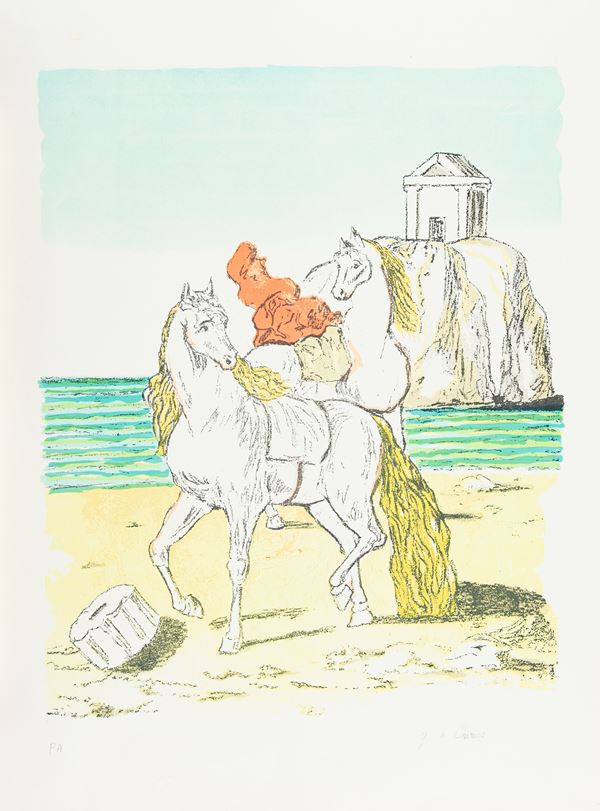 Giorgio De Chirico : Cavalli sulla spiaggia  (1974)  - Litografia su carta - Asta Asta a tempo di Arte Moderna e Contemporanea  - Fabiani Arte
