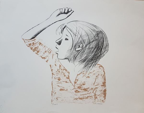 Xavier Bueno : Bambina con braccio alzato  - Litografia ritoccata a mano su carta, - Asta Asta a tempo di Arte Moderna e Contemporanea  - Fabiani Arte