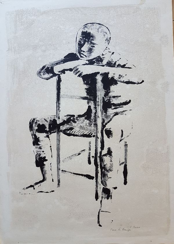Xavier Bueno : Bambino seduto  - Litografia ritoccata a mano su carta, - Asta Arte Moderna e Contemporanea, '800 - '900 e Grafica Internazionale - Fabiani Arte