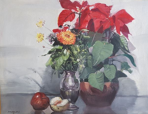 Mario Madiai : Vaso di fiori con mele  - Olio su tela, - Asta Asta a tempo di Arte Moderna e Contemporanea  - Fabiani Arte