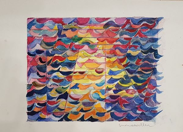 Simona Weller : La scala nel mare  (1985)  - Acquerello su cartoncino - Asta Asta a tempo di Arte Moderna e Contemporanea  - Fabiani Arte