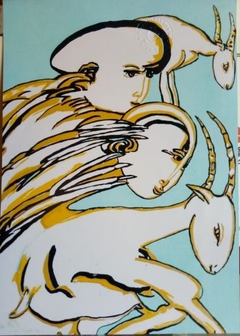 Remo Brindisi : Pastorale  (anni '70)  - Tecnica mista su base litografica su tela, - Asta Asta a tempo di Arte Moderna e Contemporanea  - Fabiani Arte