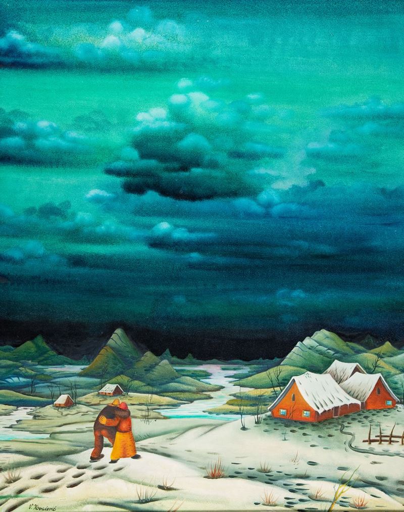V. Kovacevic - Paesaggio Innevato con Figure