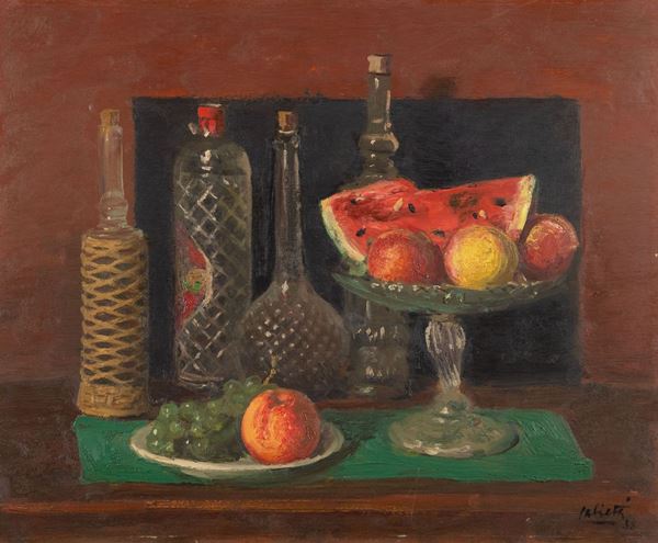 Alberto Salietti : Frutta e bottiglie  (1938)  - Olio su tavola - Asta Asta 81 di Arte Moderna e Contemporanea - Fabiani Arte