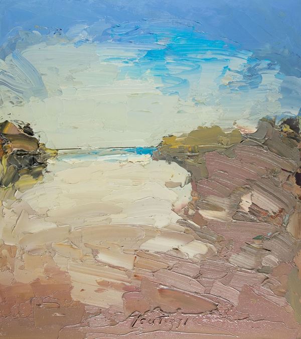 Sergio Scatizzi : La spiaggia rosa  - Olio su tavola - Asta Asta 81 di Arte Moderna e Contemporanea - Fabiani Arte
