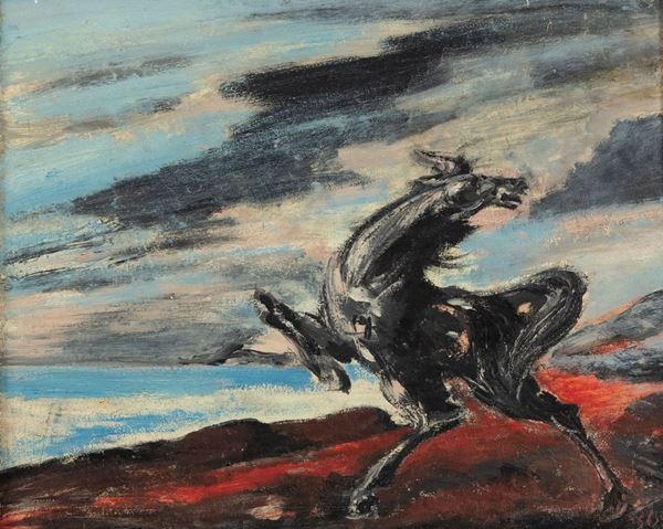 Aligi Sassu : Cavallo  - Olio su faesite - Asta Arte Moderna e Contemporanea - Fabiani Arte
