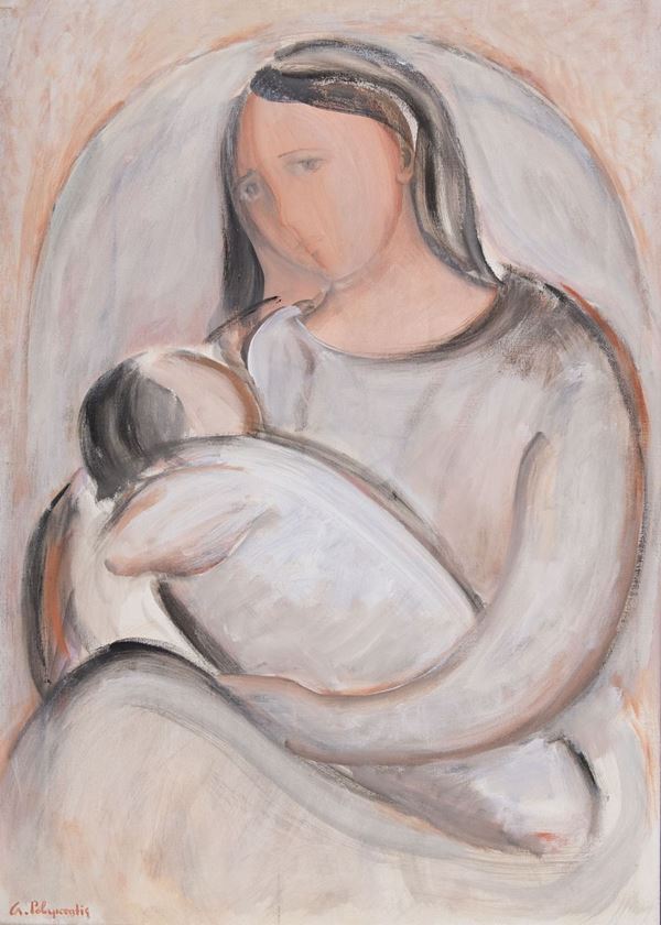 Giorgio Polykratis : Madre e figlio  - Olio su tela - Asta Asta 86 di Arte Moderna e Contemporanea - Fabiani Arte