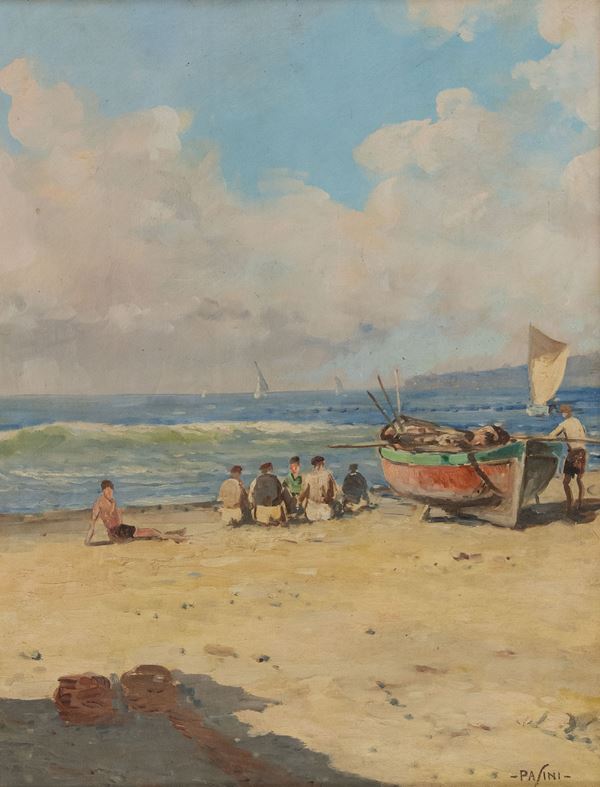 Pasini : Figure sulla spiaggia  - Olio su tela - Asta Arte Moderna e Contemporanea, '800 e'900 - Fabiani Arte
