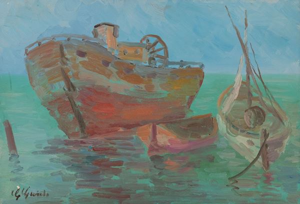 Guido Guidi : Nave in porto  (Anni 50' circa)  - Olio su tela - Asta Asta di Arte Moderna e Contemporanea '800 e '900	 - Fabiani Arte