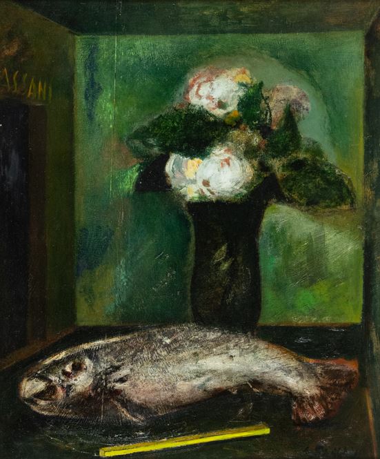 Gualtiero Passani : Trota con fiori  (1959)  - Olio su tavola - Asta Arte Moderna e Contemporanea - Fabiani Arte