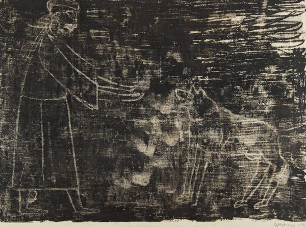 Venturino Venturi : San Francesco con la lupa  (1973)  - Olio su carta - Asta Arte Moderna e Contemporanea - Fabiani Arte