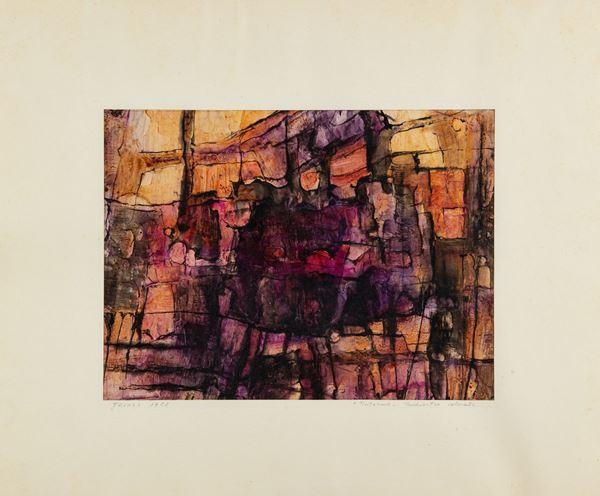 Vincenzo Frunzo : Interno  (1958)  - Inchiostro colorato su carta applicata su cartone - Asta Arte Moderna e Contemporanea - Fabiani Arte