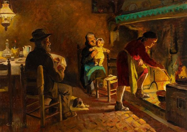 Cafiero Filippelli : Scena famigliare  (1954)  - Olio su tela - Asta Arte Moderna e Contemporanea - Fabiani Arte