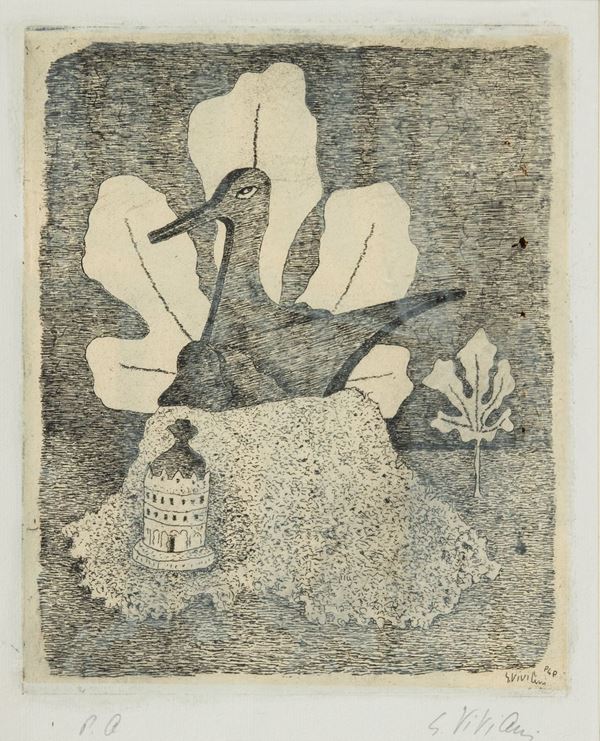 Giuseppe Viviani : Stampa e foglia  (1950)  - Acquaforte di cm. 22,2x15,5, - Asta Arte Moderna e Contemporanea - Fabiani Arte