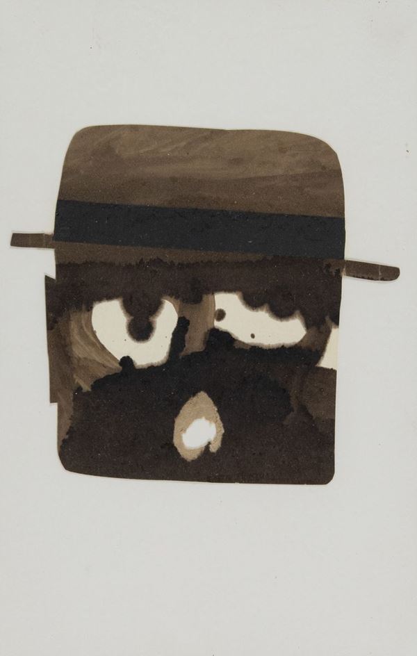 Pino Pascali : Volto d&#39;uomo  (1962-63)  - Tecnica mista e collage su cartoncino e acetato, - Asta Arte Moderna e Contemporanea - Fabiani Arte