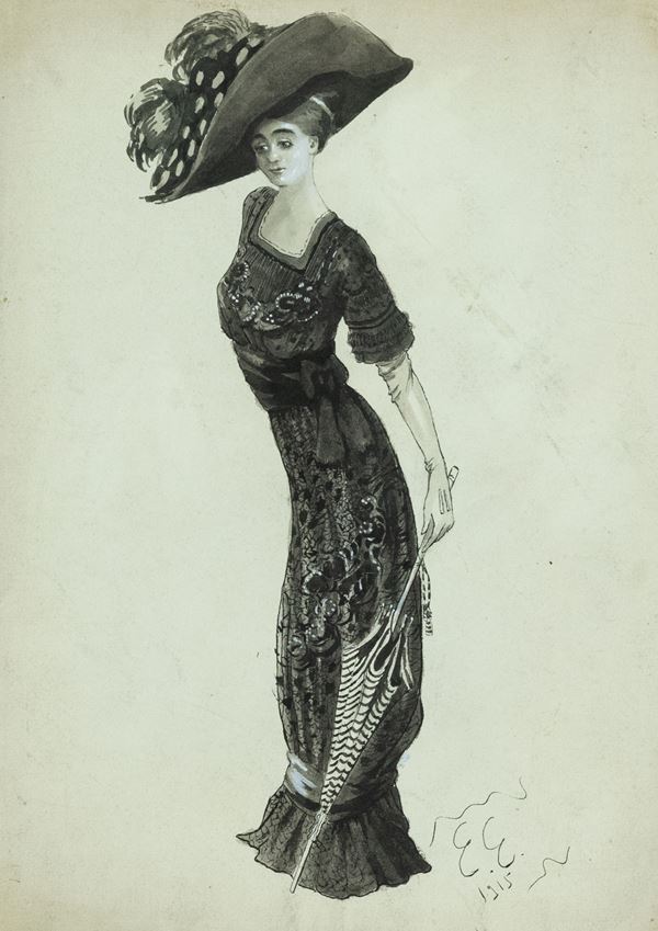 Edmund Edel : Figura femminile  (1915)  - Tecnica mista su carta, - Asta Arte Moderna e Contemporanea, '800 e'900 - Fabiani Arte