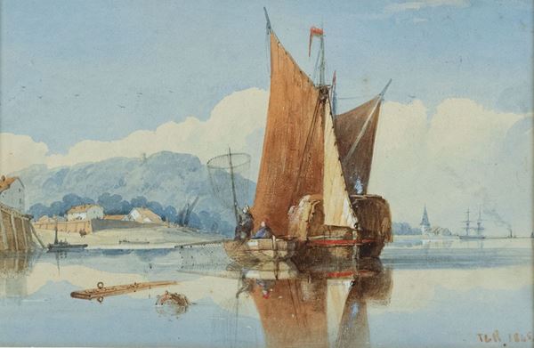 Thomas Charles Leeson Rowbotham : Barca da pesca  (1845)  - Acquerello su cartoncino, - Asta Arte Moderna e Contemporanea, '800 e'900 - Fabiani Arte