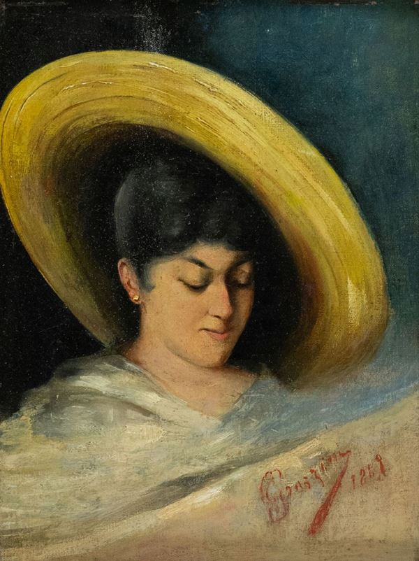 Eufemio Grazzini : Volto di donna  (1869)  - Olio su tela - Asta Arte Moderna e Contemporanea, '800 e'900 - Fabiani Arte