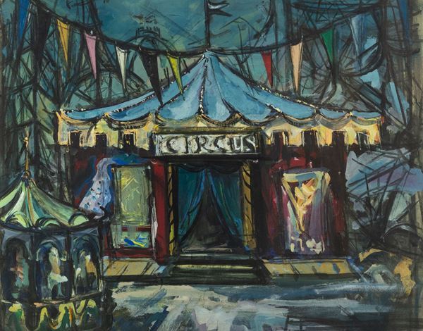 Luigi Spazzapan : Circus  (Opera eseguita tra gli anni 1930 e 1935)  - Tempera su carta - Asta Arte Moderna e Contemporanea - Fabiani Arte