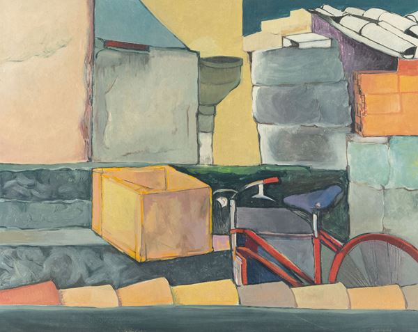 Luigi Guerricchio : Tetti con bicicletta  - Olio su tela - Asta Arte Moderna e Contemporanea, '800 e'900 - Fabiani Arte