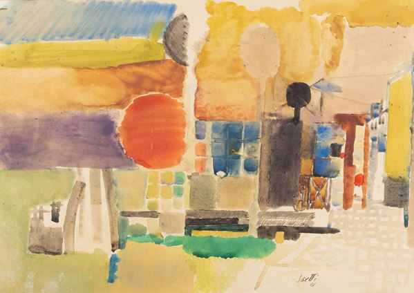 Bruno Saetti : Senza titolo  (1961)  - Acquerello su carta applicata su faesite - Asta Arte Moderna e Contemporanea, '800 e'900 - Fabiani Arte