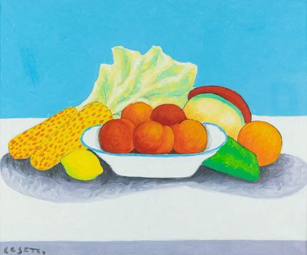 Giuseppe Cesetti : Natura morta con limoni e zucche  (1984)  - Olio su tela - Asta Arte Moderna e Contemporanea, '800 e'900 - Fabiani Arte