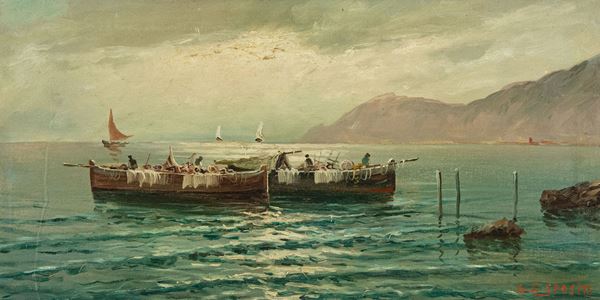 Gaetano Esposito : Barche con pescatori  (1896 c.a)  - Olio su tela - Asta Asta 86 di Arte Moderna e Contemporanea - Fabiani Arte