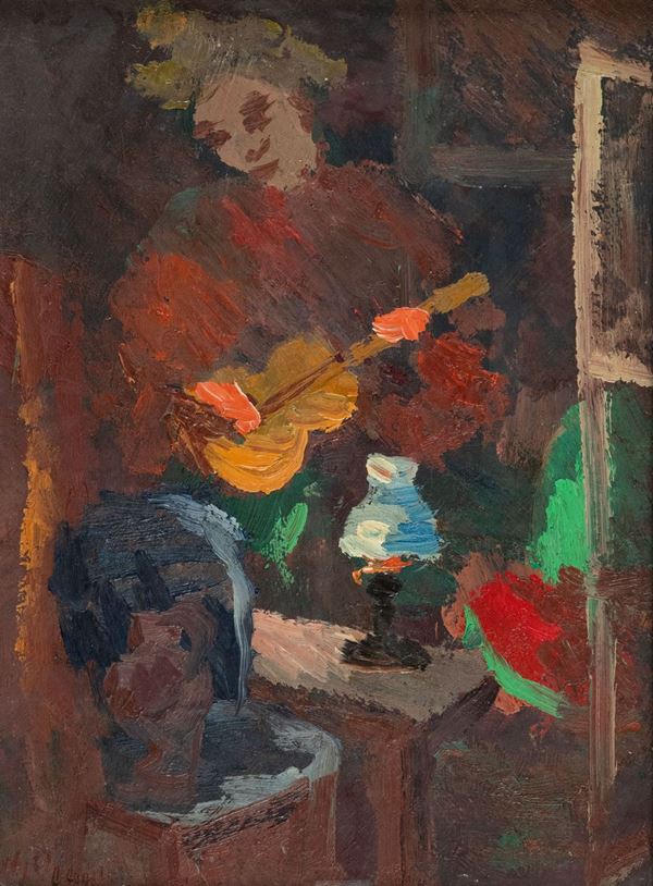 Guido Guidi : Figura con chitarra  (1938 c.a)  - Olio su tavola - Asta Asta 86 di Arte Moderna e Contemporanea - Fabiani Arte